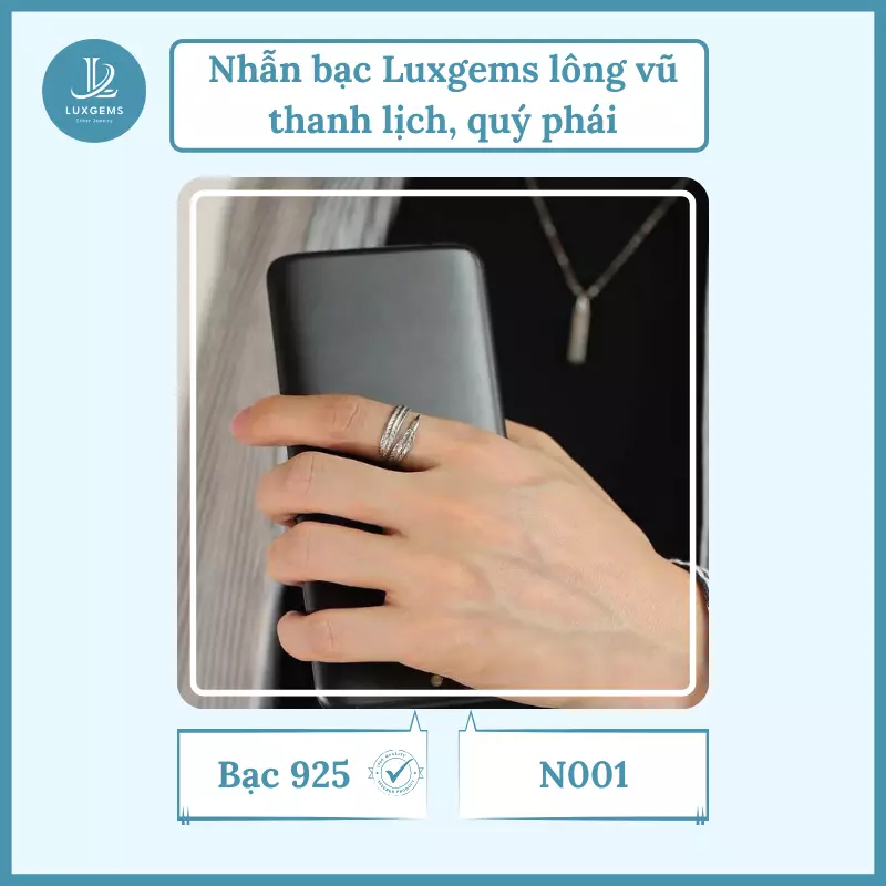 Nhẫn bạc Luxgems vũ lông thanh lịch, quý phái_N001