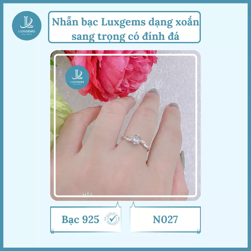 Nhẫn bạc luxgems dạng xoắn sang trọng có đính đá Luxgems_N027