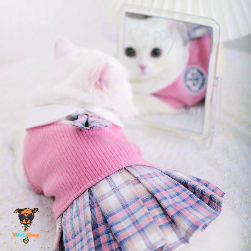 Bộ đồng phục học sinh phối sọc caro cho mèo