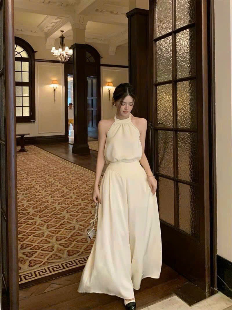 SET ÁO NUDE CỔ YẾM THẮT NƠ MIX QUẦN SUÔNG SANG CHẢNH