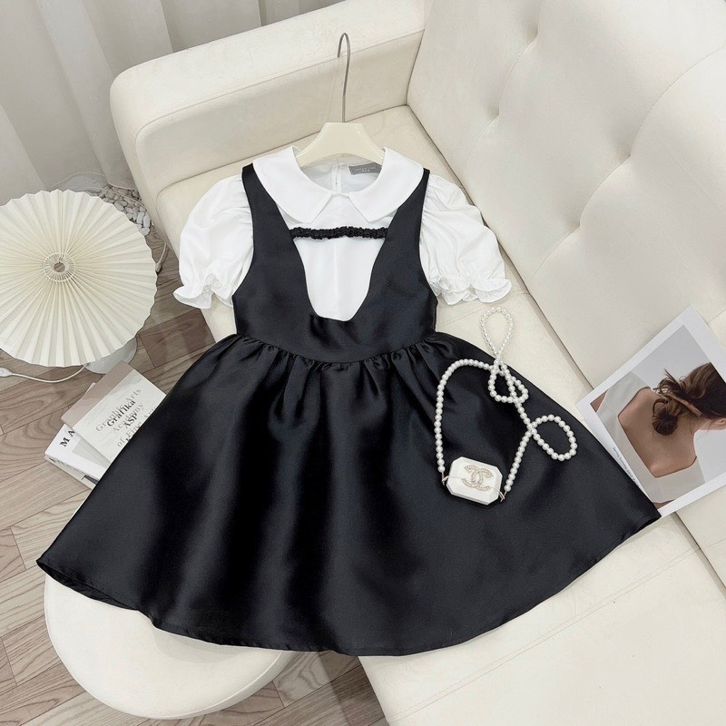 Set váy yếm bồng hai dây kèm áo tay bồng