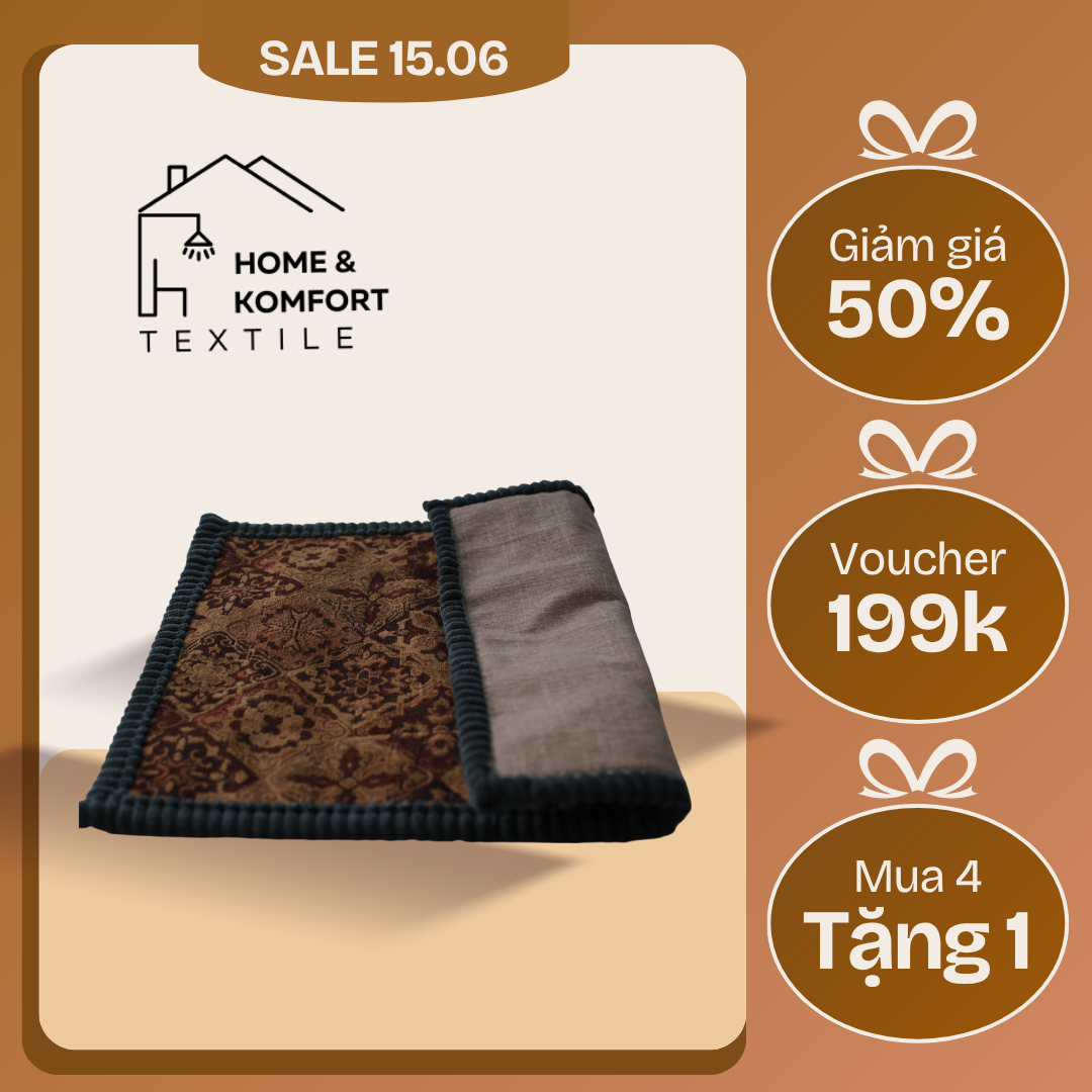 Thảm lau chân 40x60, họa tiết thổ cẩm, màu nâu đậm , viền xanh dương