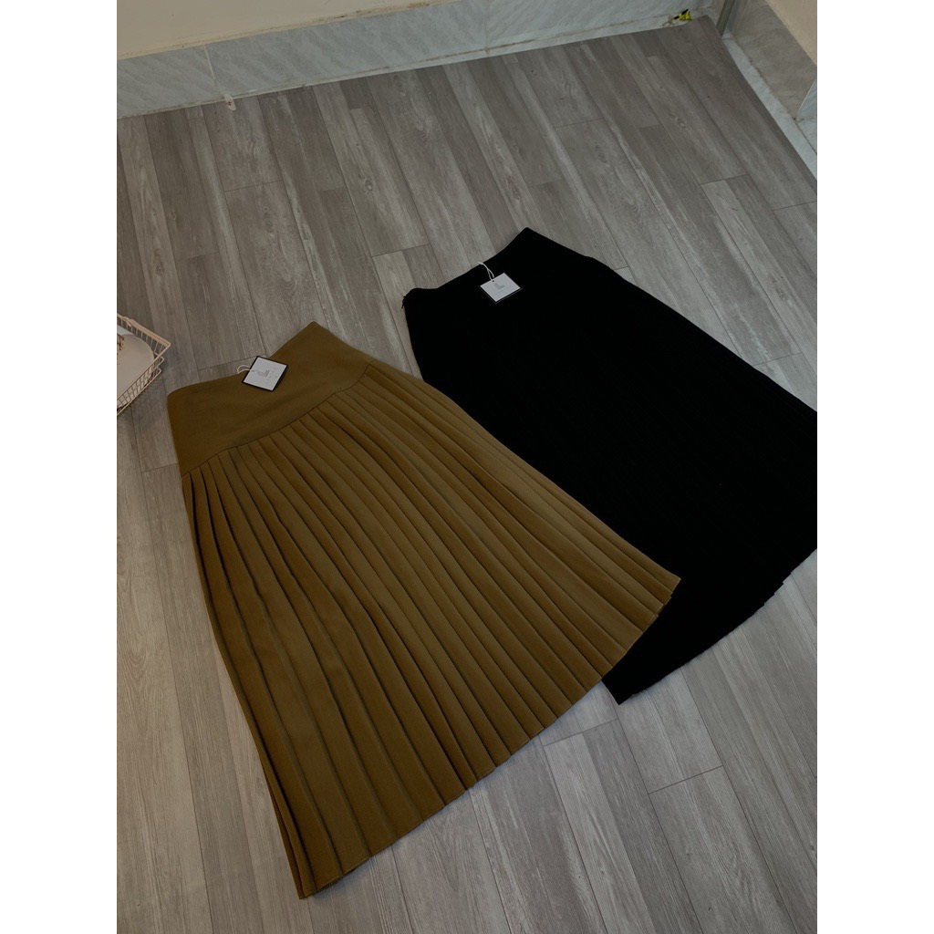 Chân váy midi xếp ly đều bản cạp rộng chất liệu dày dặn