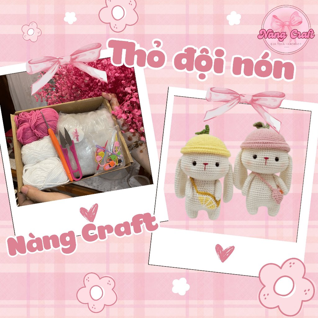 Set móc thỏ đội nón_ Nàng Craft_Bộ dụng cụ móc len đơn giản dễ làm
