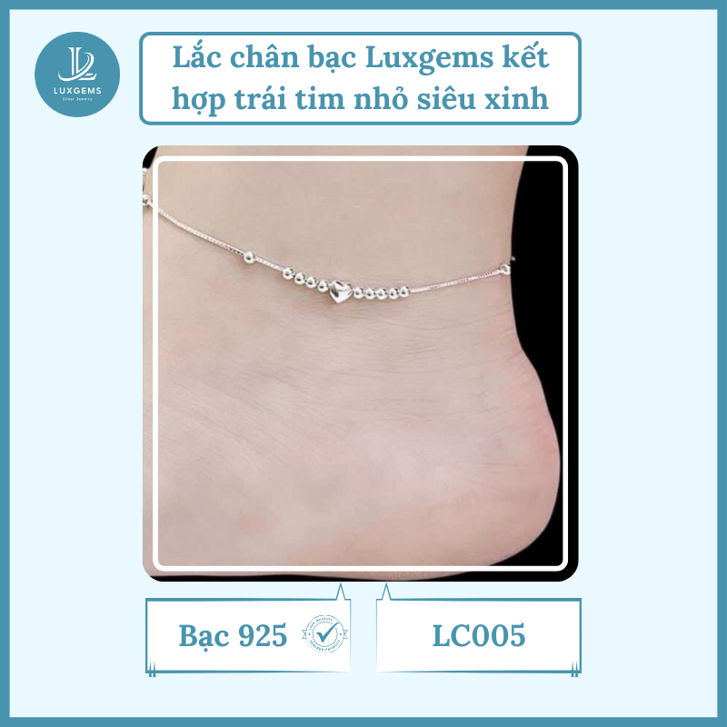 Lắc chân bạc Luxgems_Lắc chân kết hợp trái tim nhỏ siêu xinh_LC005