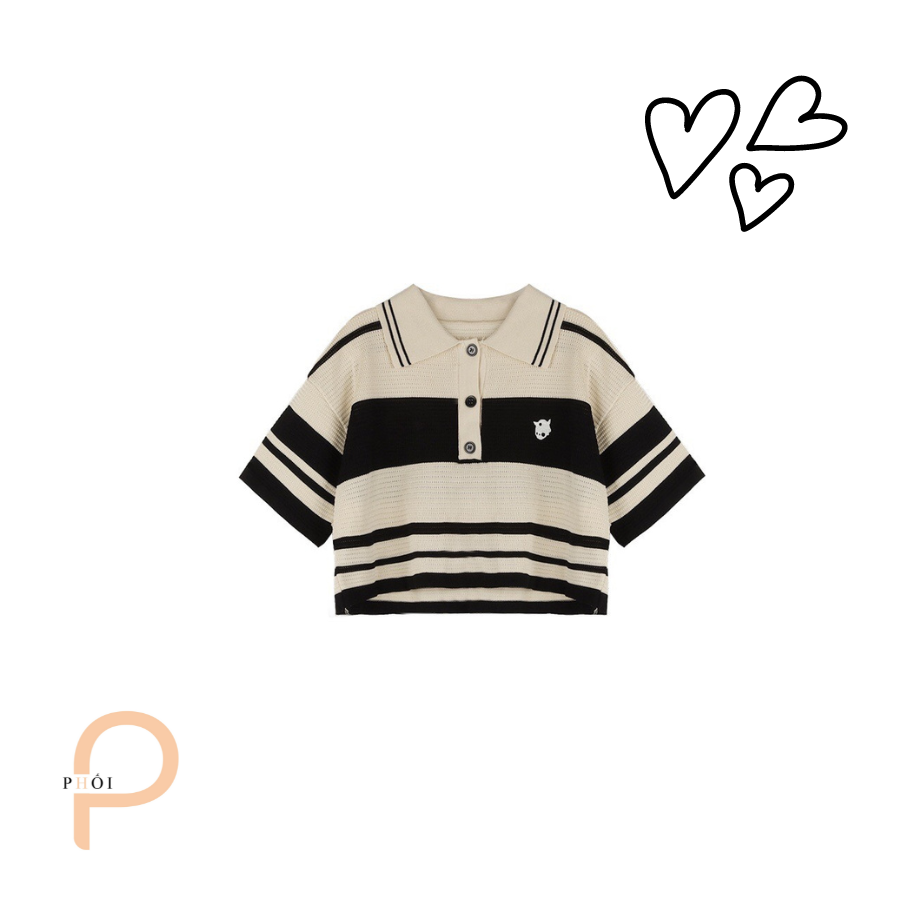 Áo polo dệt kim họa tiết sọc retro