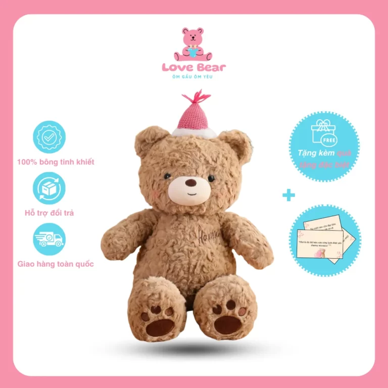 Gấu bông Teddy lông xù đội nón Happy Birthday