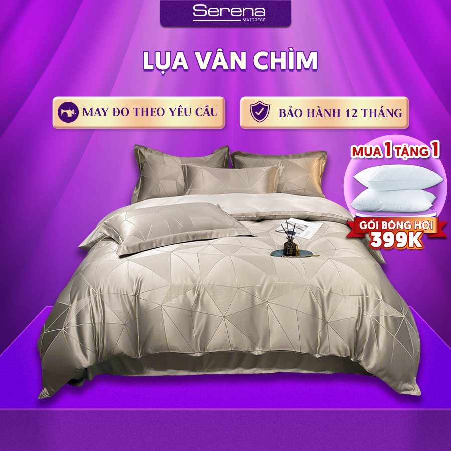Ga Giường 5 Món Lụa vân chìm SERENA Chính Hãng Set Chăn Ra Grap Drap Trần Bông Trải Phủ Giường Cao Cấp