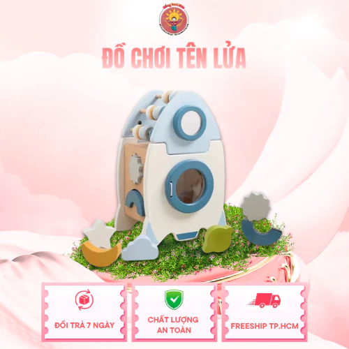 Hộp Bận Rộn Tên Lửa Gỗ Montessori Nắng Tươi Kids 6 in 1 An Toàn Giáo Dục Vận Động Tinh Bé 1-3 Tuổi