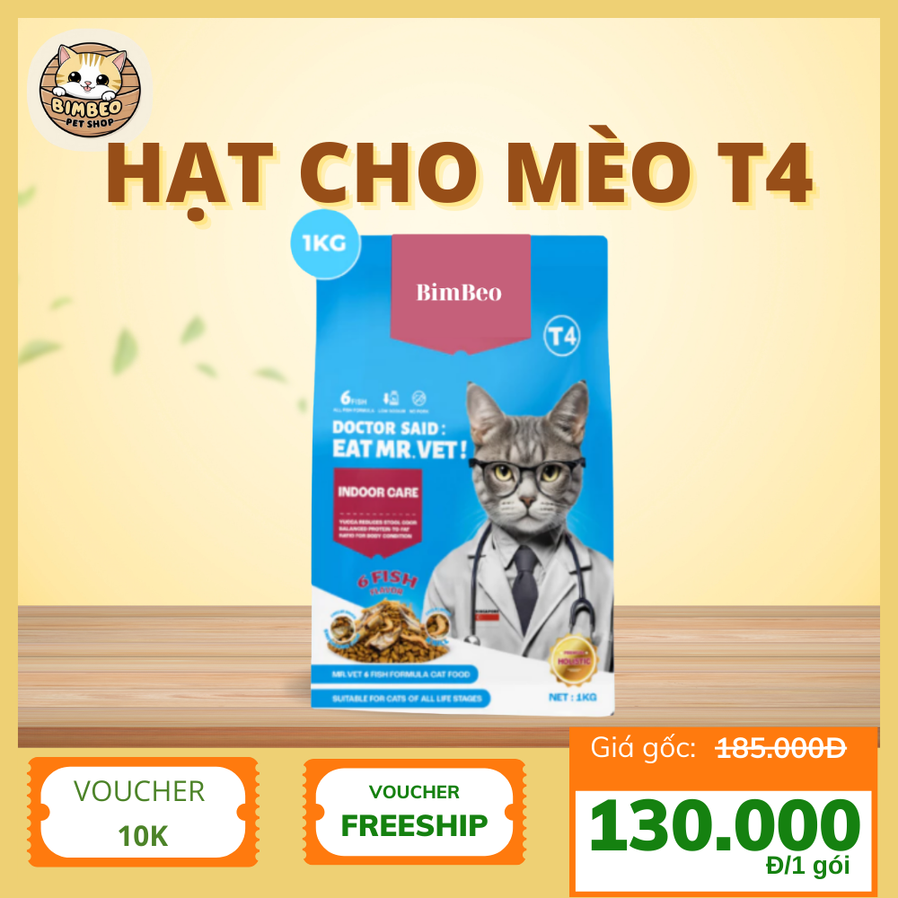 Thức Ăn Cho Mèo Dạng Hạt T4 Gói 1KG Giảm Mùi Hôi Chất Thải Dành Cho Mèo Nuôi Trong Nhà