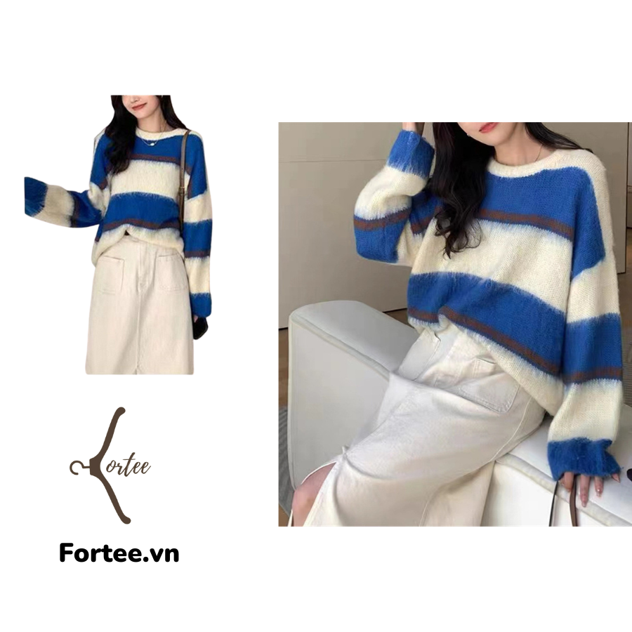 Áo Len Dáng Rộng Unisex Họa Tiết Kẻ Ngang