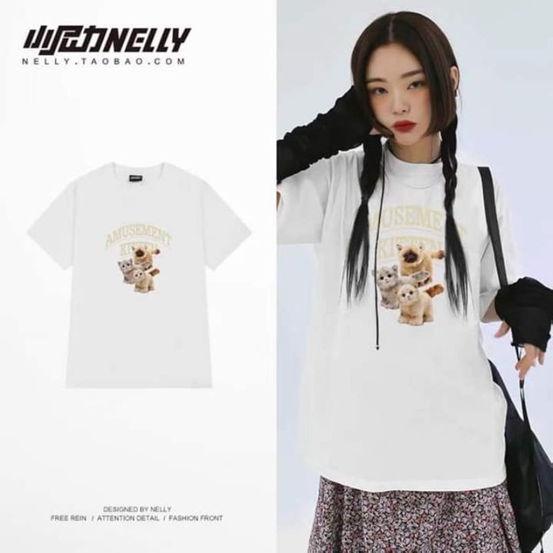 Áo thun Nelly hình mèo trắng- be