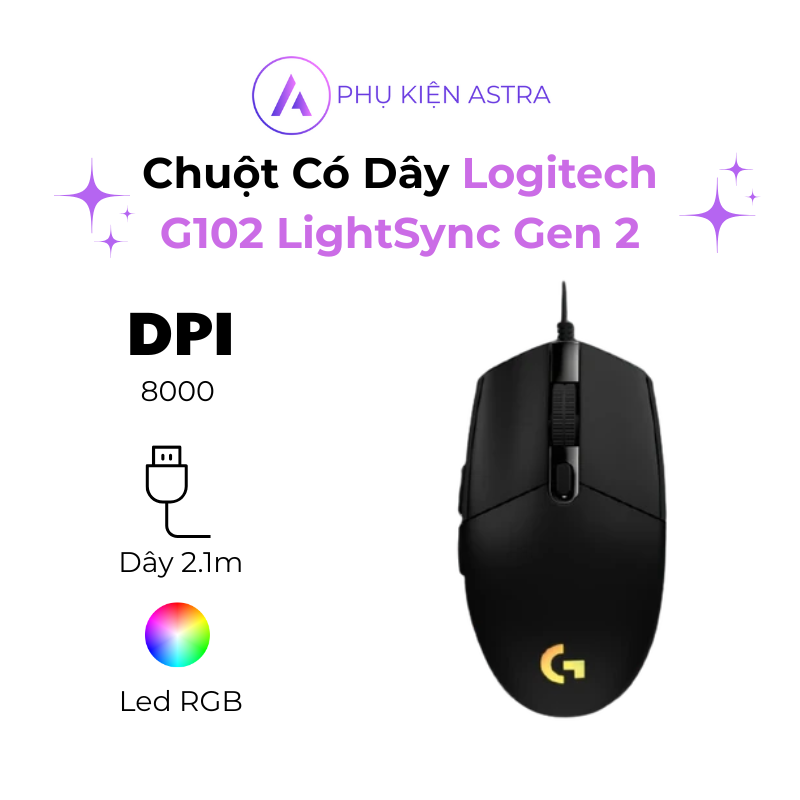 Chuột Có Dây Logitech G102 LightSync Gen 2 – Đèn RGB 16.8 Triệu Màu, Cảm Biến Chính Xác, Bền Bỉ, Giá Tốt