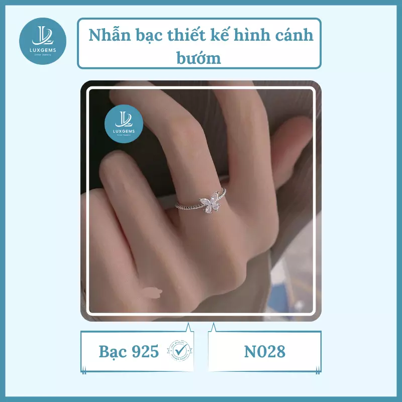 Nhẫn bạc thiết kế hình cánh bướm tiểu thư, xinh xắn Luxgems_N028