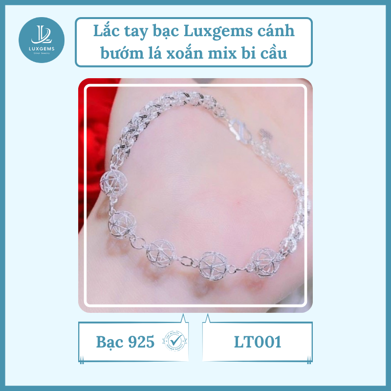Lắc tay bạc Luxgems_Lắc tay bạc cánh bướm lá xoắn mix bi cầu_LT001