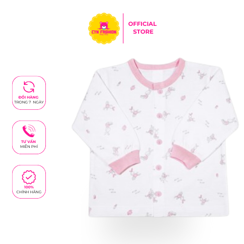 Áo sơ sinh tay dài nút giữa Thỏ hồng