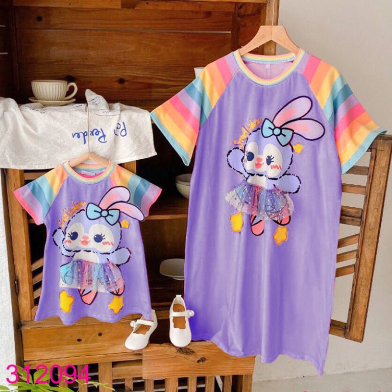 Đầm Thun Suông Cho Bé Gái Tay Ngắn Raplang In Thỏ Xinh Xắn