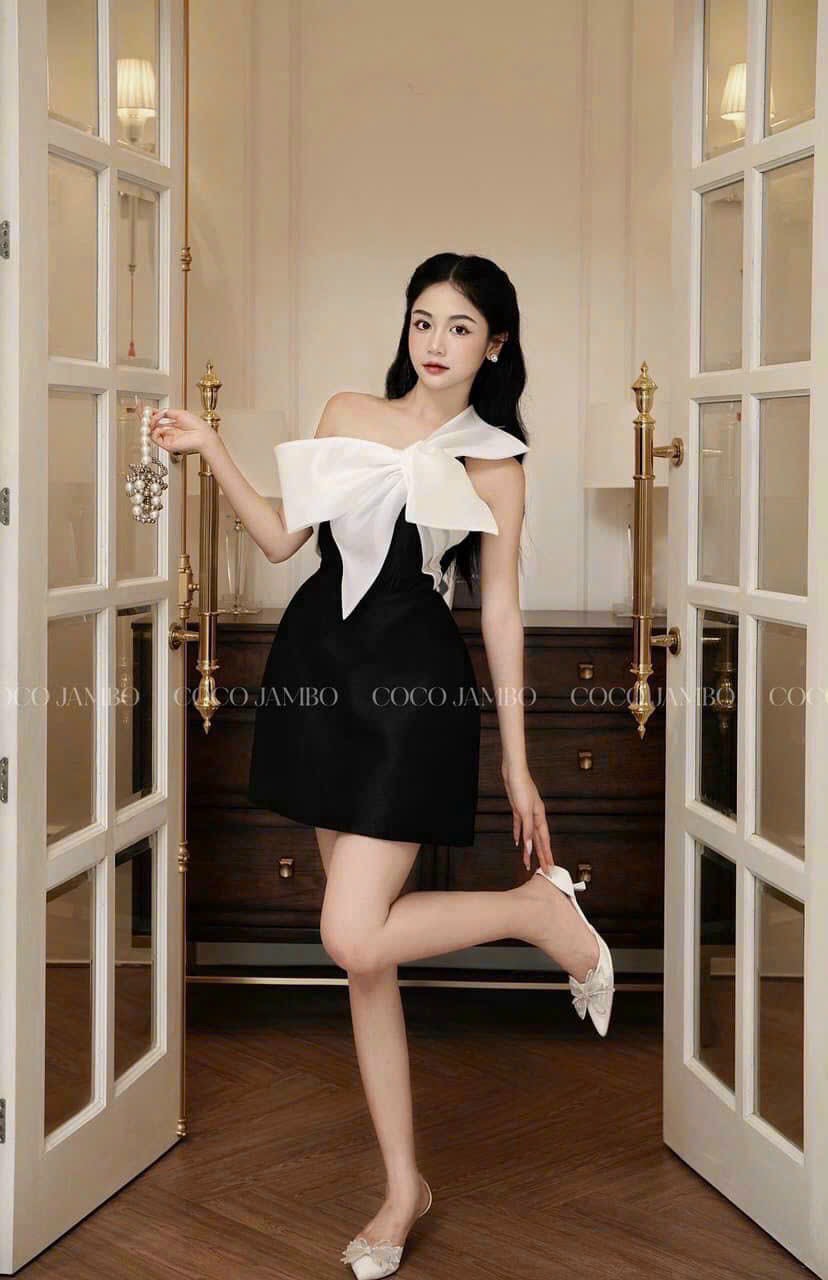 ĐẦM ĐEN LỆCH VAI PHỐI VOAN TRẮNG NƠ DÁNG NGẮN DỰ TIỆC SANG CHẢNH