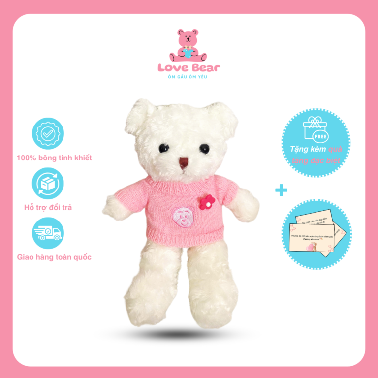 Gấu bông Teddy trắng phối áo len hồng, charm hoa nhí xinh xắn