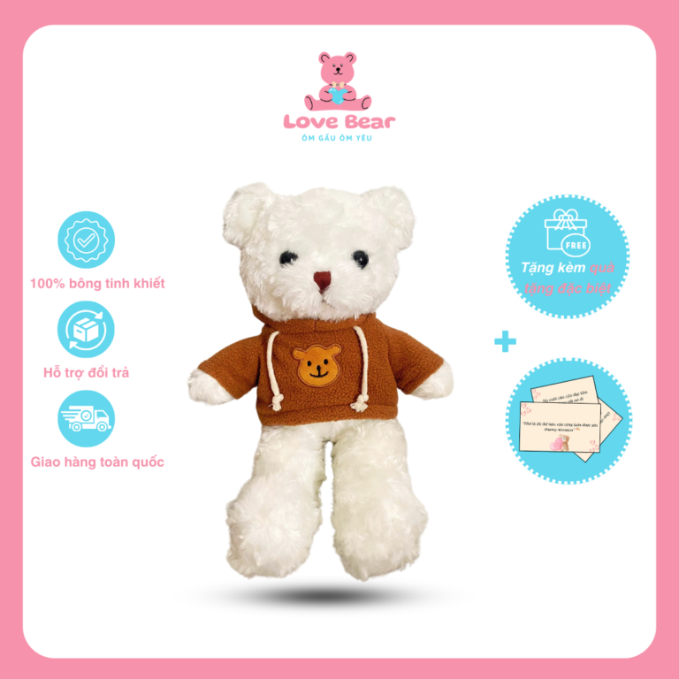 Gấu bông Teddy trắng phối áo hoodie nâu