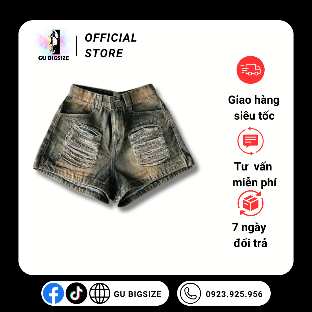 Quần short jean phối rách lưng cao GU bigsize SJ1095