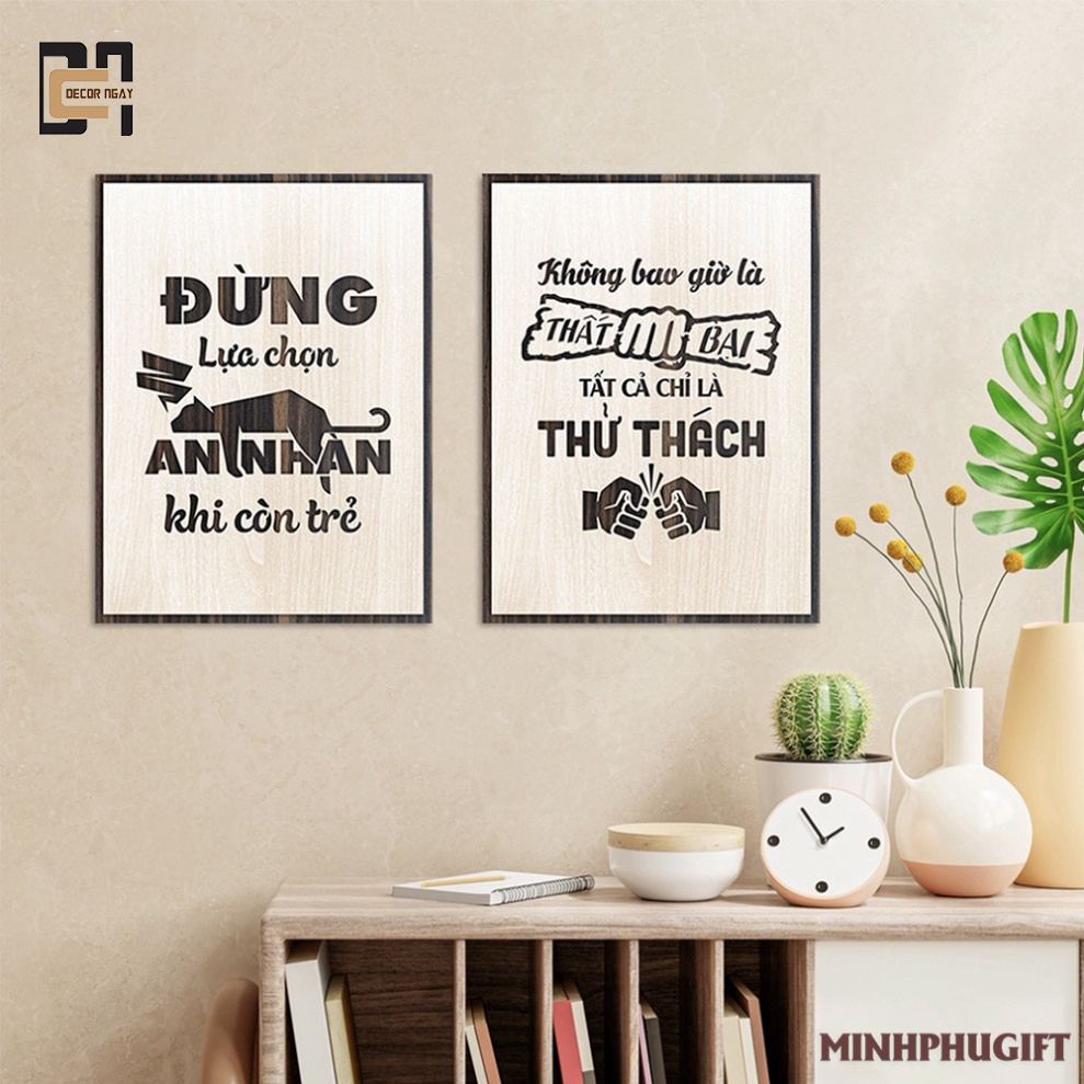 Bộ tranh tạo động lực 2 tấm treo tường bằng gỗ bố cục đẹp đơn giản