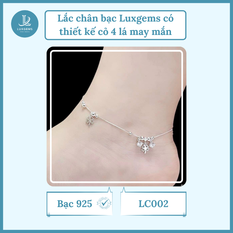 Lắc chân bạc Luxgems có thiết kế cỏ 4 lá may mắn_LC002