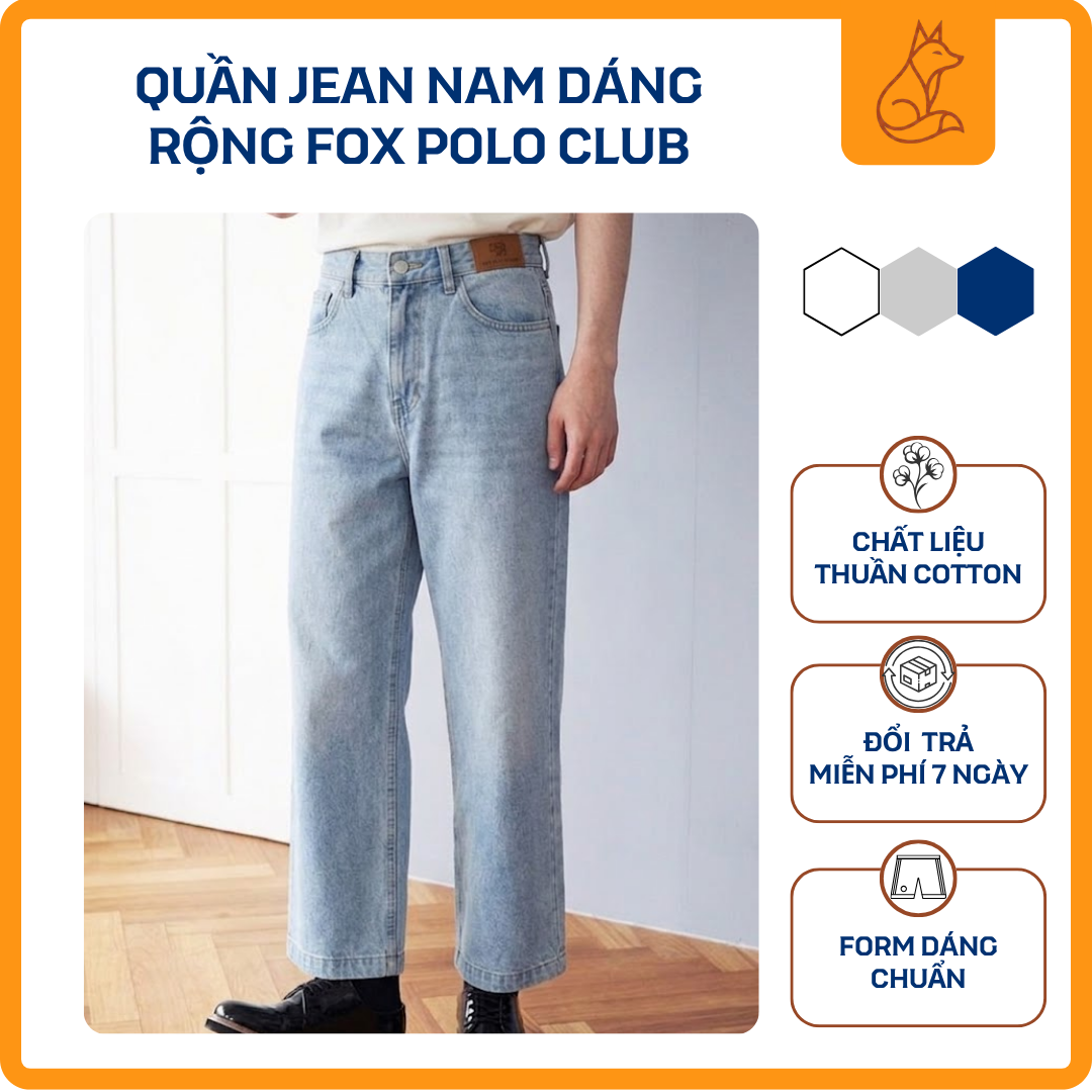Quần Jean Nam Dáng Rộng Fox Polo Club – Xanh Wash Nhạt Vải Jean Denim cao cấp, dày dặn nhưng vẫn mềm mại, giữ form tốt.QJN1024