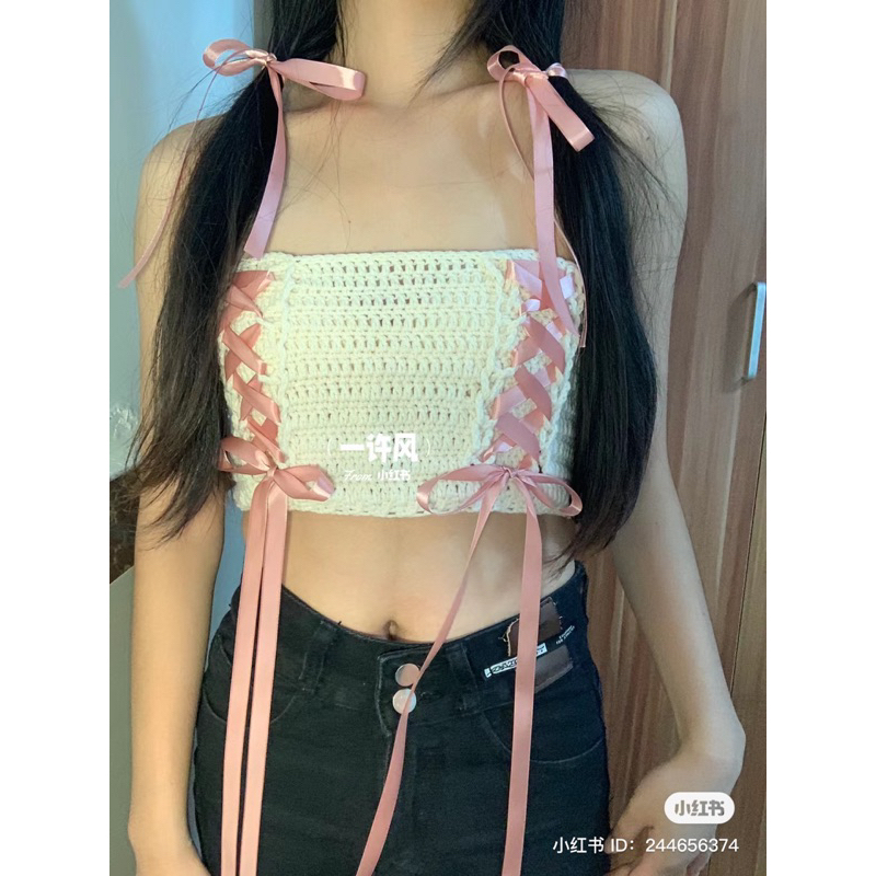Áo Len Croptop Thắt Nơ Ruy Băng Bánh Bèo
