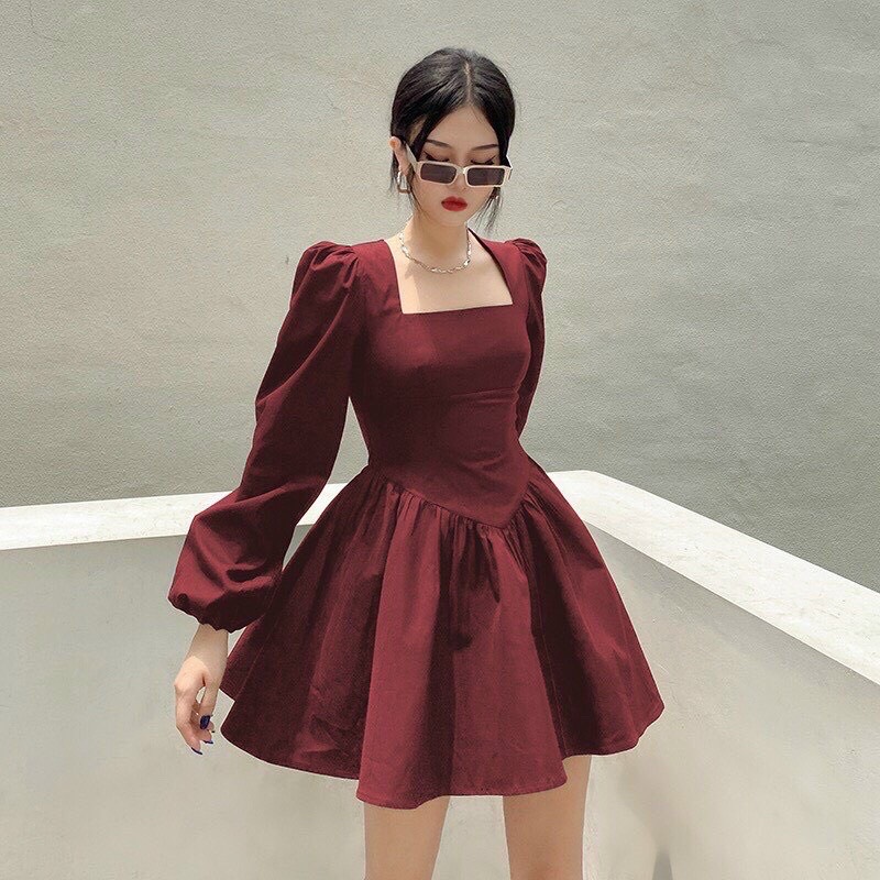 Váy cổ vuông dáng xoè chữ A, đầm tiểu thư cổ vuông