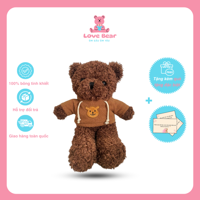 Gấu bông Teddy lông nâu phối áo hoodie màu nâu