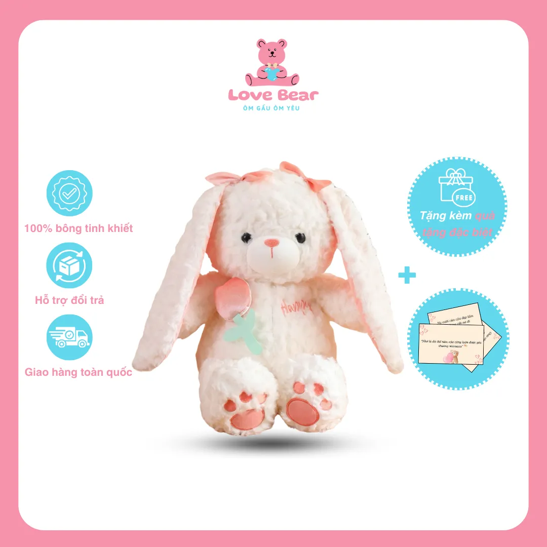 Gấu bông Teddy lông xù màu hồng tai thỏ