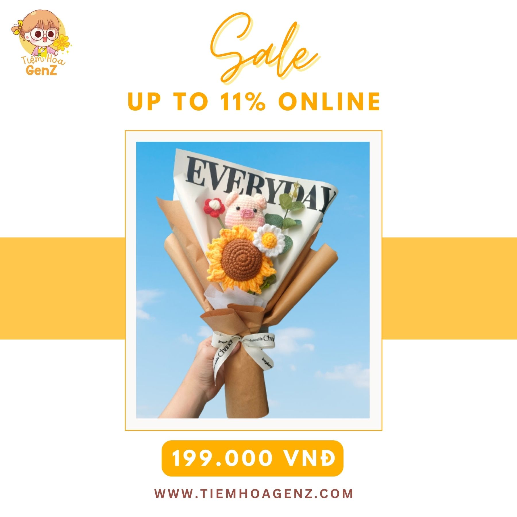 Bó Hoa Len Hướng Dương Handmade Phối Heo Hồng Và Hoa Cúc Họa Mi Xinh Đẹp