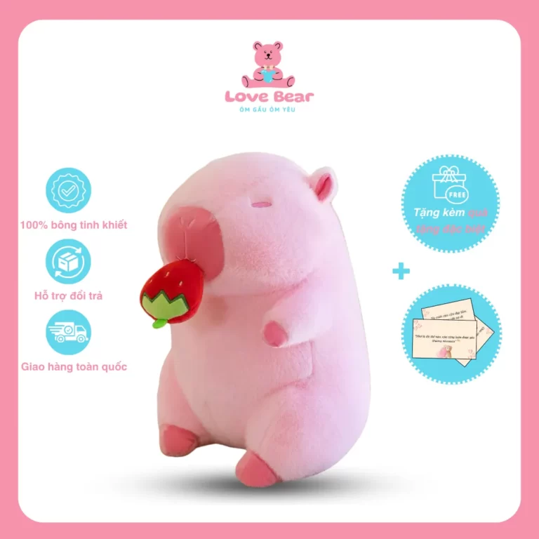 Gấu bông Capybara hồng ăn dâu có dây rút