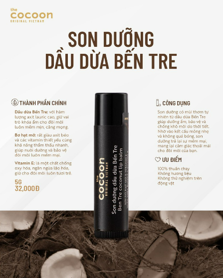 Son Dưỡng Dầu Dừa Bến Tre Cocoon Ben Tre Coconut Lip Balm 5g Sản phẩm chính hãng