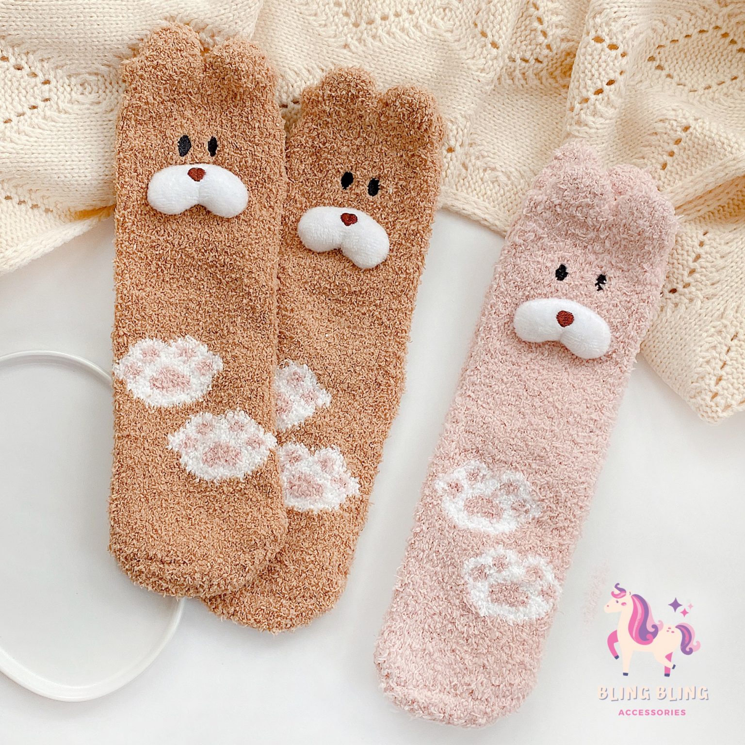 Tất vớ cổ cao lông xù Baby bear face paw có tai