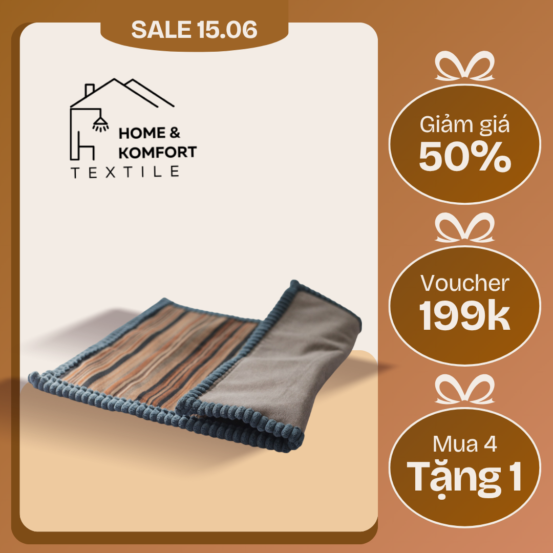 Thảm lau chân 40x60, họa tiết thổ cẩm, hoa văn xen kẻ, viền xanh dương.