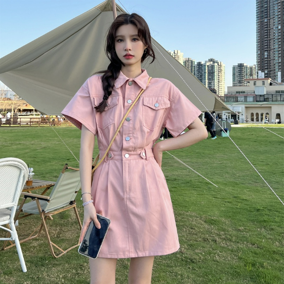 ORDER TAOBAO] Váy denim ngắn tay ngọt ngào mùa hè 2022. Váy ngắn chữ A thắt lưng sang trọng