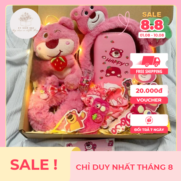 Box set quà gấu dâu quà tặng sinh nhật, kỉ niệm tình yêu - móc khoá gấu dâu