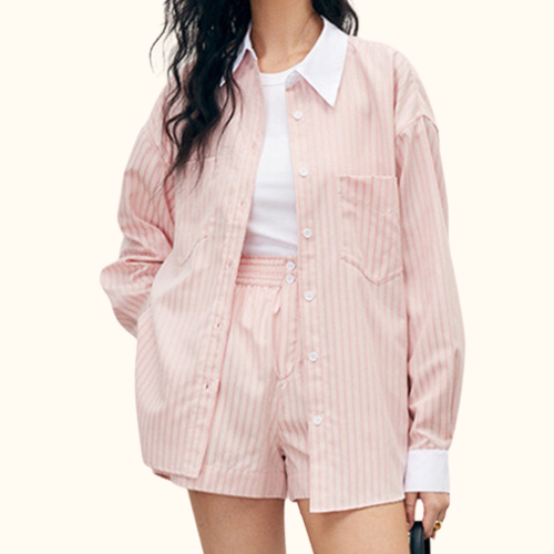 Set Bộ Sơ Mi Sọc Cam Viền Cổ Trắng | Unnie Sơ Mi