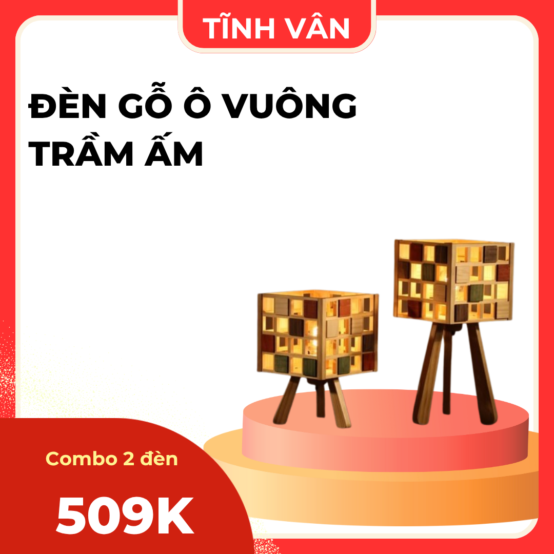 Đèn Gỗ Ô Vuông Trầm Ấm – Tặng Bóng LED Ánh Vàng + Thiệp Cảm Ơn
