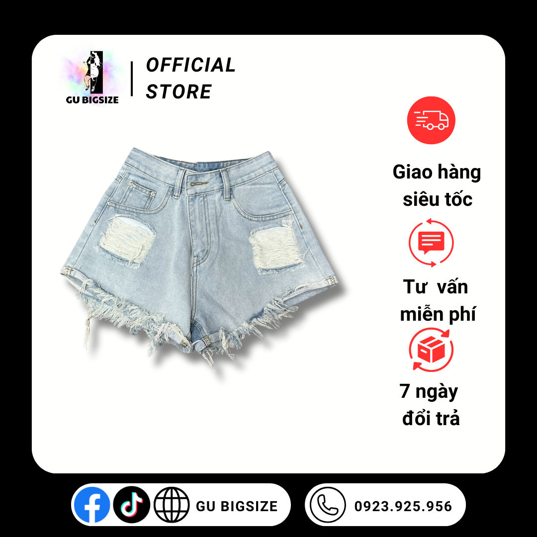 Quần short jean rách tua rua GU bigsize SJQC05