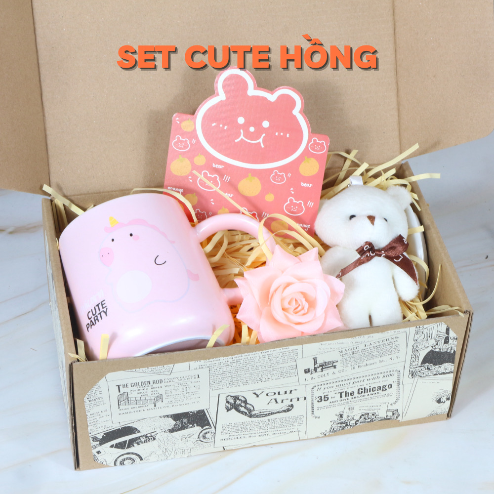 ￼Set hộp quà cốc sứ phong cách vintage, hộp quà tặng kèm gấu và hoa tặng người yêu, bạn thân