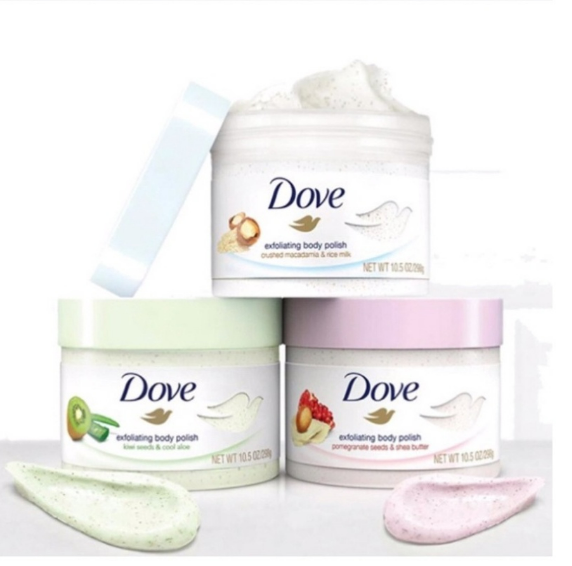 Tẩy tế bào chết Dove Lựu bơ và MACCDAMIA sữa gạo 225ml và Dove macca Mỹ 298ml