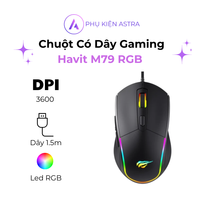 Chuột Có Dây Gaming Havit M79 RGB – Đèn LED RGB Đa Sắc, Bấm Êm, Độ Nhạy Cao, Thiết Kế Ergonomic