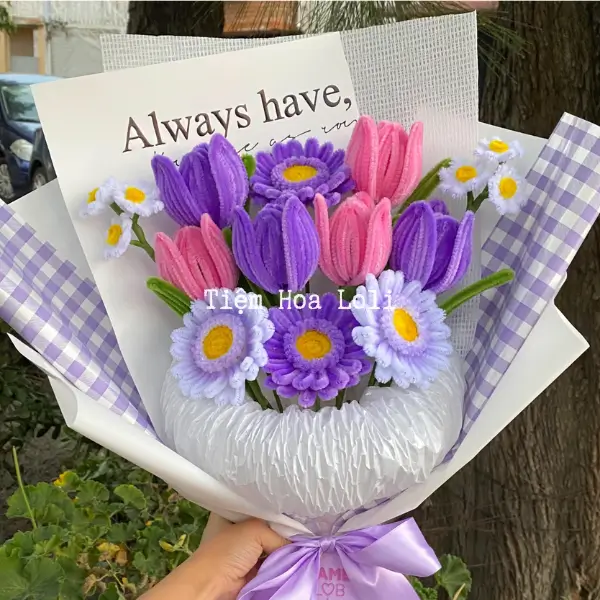 Bó hoa kẽm nhung tông tím handmade thuỷ chung