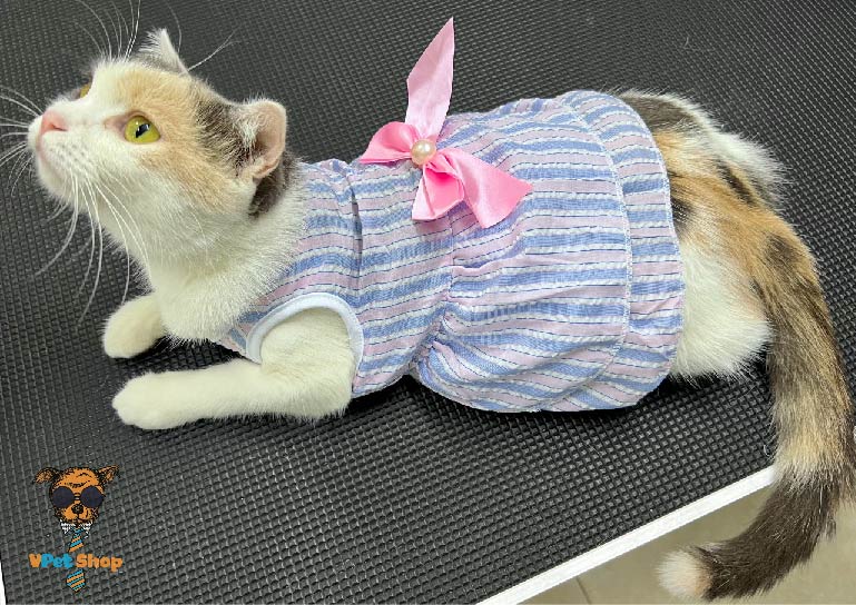 Đầm công chúa họa tiết sọc dọc có nơ cho mèo