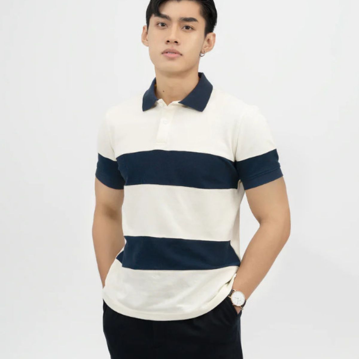 Áo polo nam trắng sọc xanh Rent Regular Fit