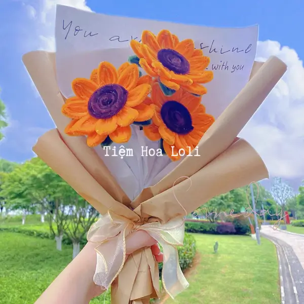 Bó hoa kẽm nhung hướng dương handmade sang trọng