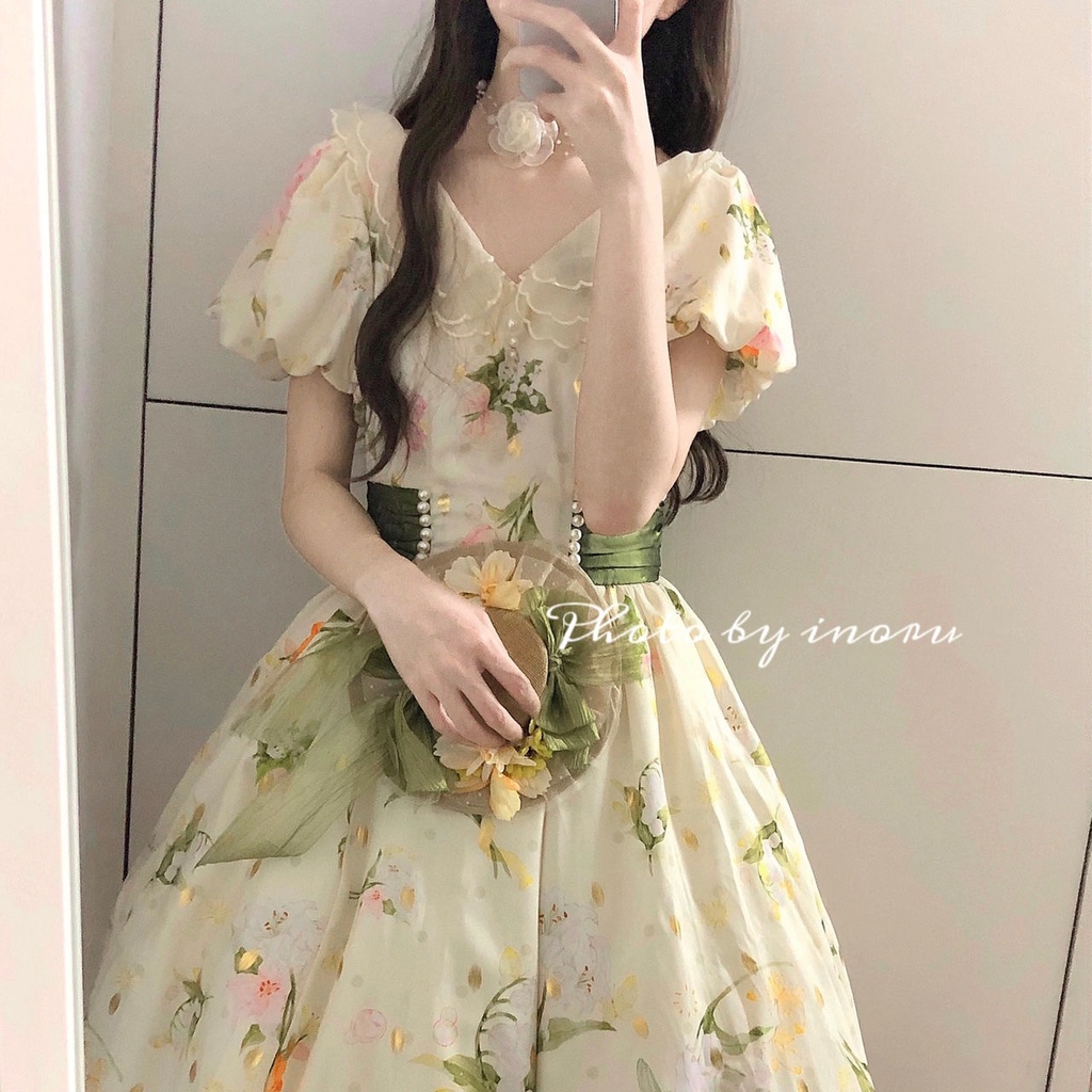 Đầm Hoa Cổ Búp Bê Phối Ren